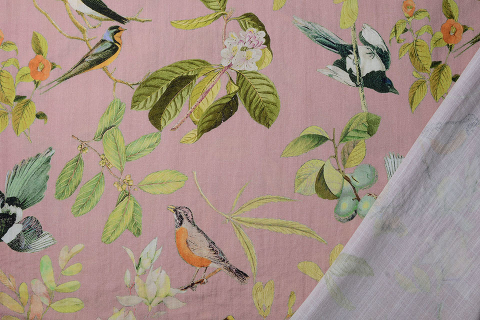 Viscose Digital Birds and Butterflies Old Pink