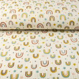 Baumwoll Musselin Stoff Regenbogen und Sterne Creme