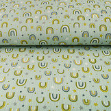 Baumwoll Musselin Stoff Regenbogen und Sterne Hell Altgrün