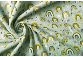 Double Gauze Fabric Rainbows and Stars Light Old Green
