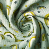 Double Gauze Fabric Rainbows and Stars Light Old Green