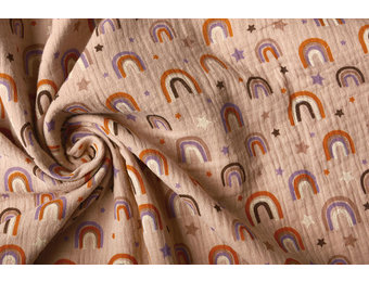 Baumwoll Musselin Stoff Regenbogen und Sterne Puderrosa