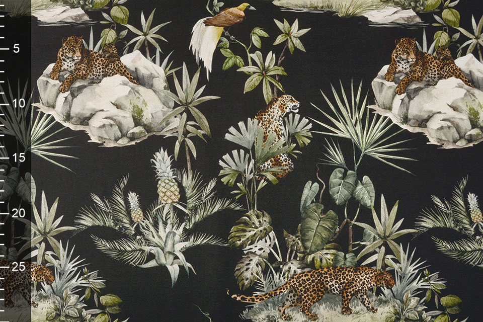 Digital Baumwoll Stretch Panther mit Ananas Schwarz