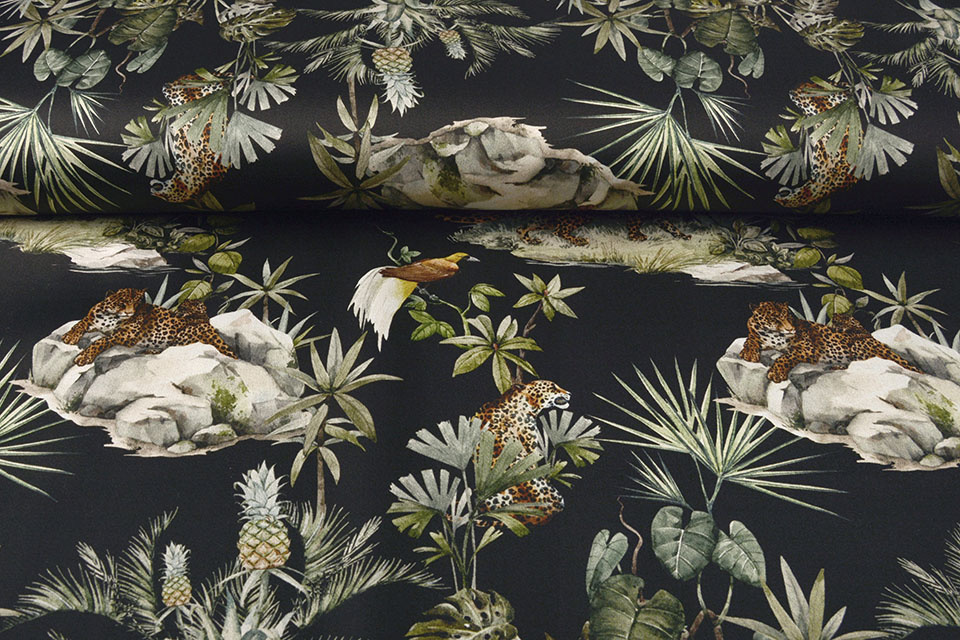 Digital Baumwoll Stretch Panther mit Ananas Schwarz