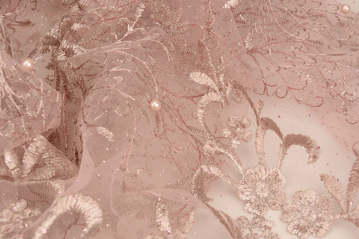 Netz Bestickt Hyacinth Glitter mit Perle Puderrosa