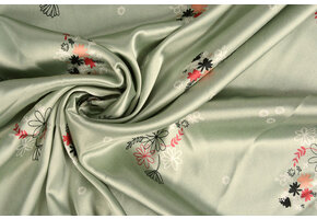 Stretch Satin Printed Flowers Lucille Light Old Green