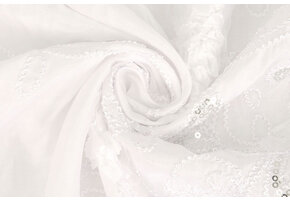 Embroidered Sequins on Poly Silk White