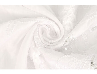 Embroidered Sequins on Poly Silk White