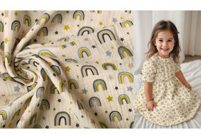 Baumwoll Musselin Stoff Regenbogen und Sterne Natürlich