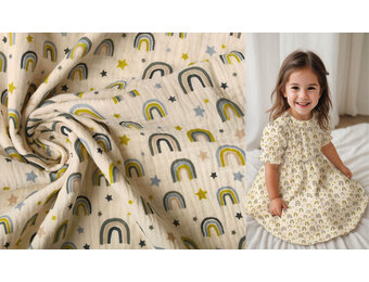 Baumwoll Musselin Stoff Regenbogen und Sterne Natürlich