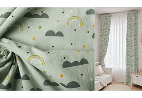 100% Washed Cotton Rainbow Clouds Light Old Green