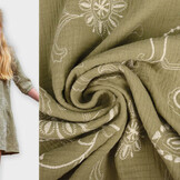 Bestickte Baumwolle Musselin Stoff  Olivgrün