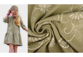 Embroidered Double Gauze Fabric Olive Green