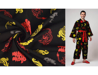 Bi-Stretch Bedrukt Chinese Draak Zwart