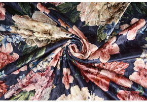 Velours Bedrukt Bloemen Marine Blauw