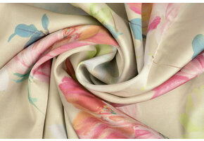 Stretch Satijn Bedrukt Bloem Lilian Beige