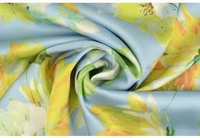 Stretch Satin Printed Flower Lilian Blue