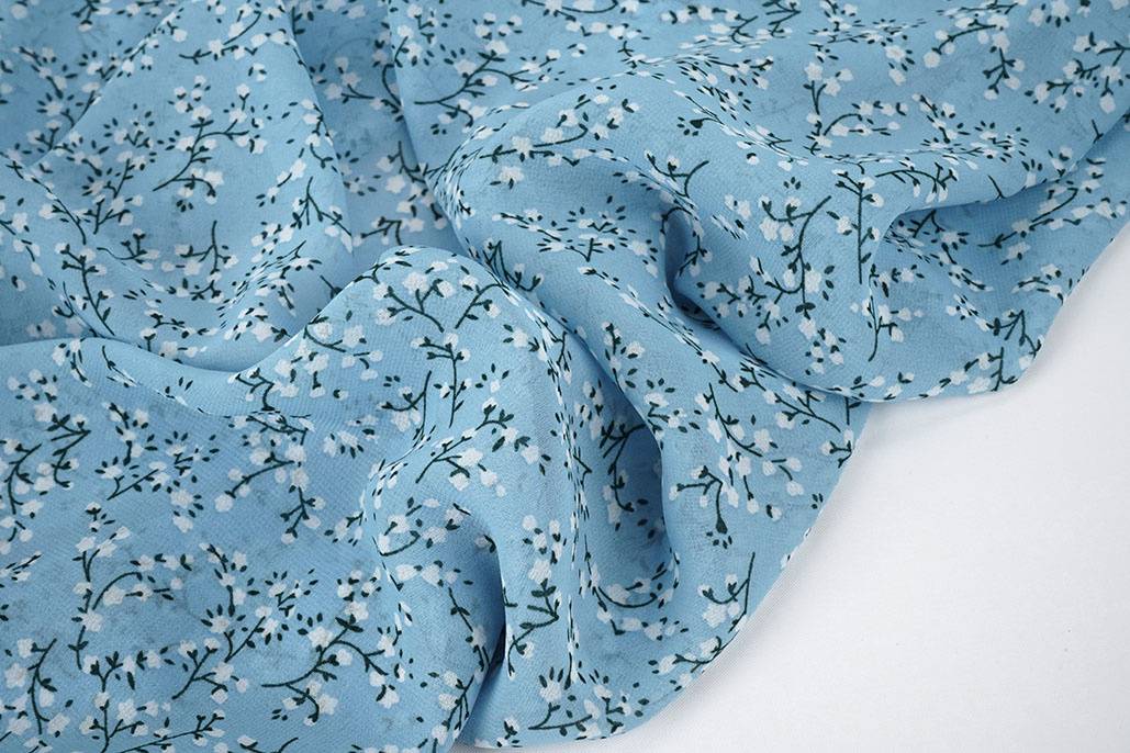Chiffon Bedrukt Bloesem Tak Licht Blauw