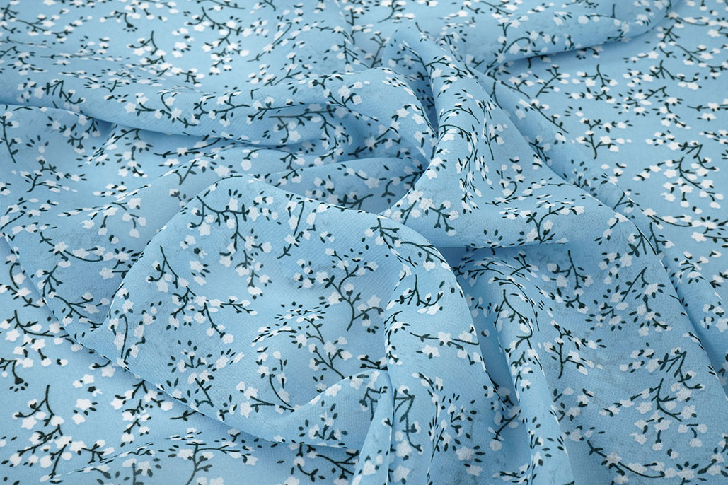 Chiffon Bedrukt Bloesem Tak Licht Blauw