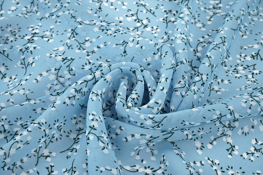Chiffon Bedrukt Bloesem Tak Licht Blauw