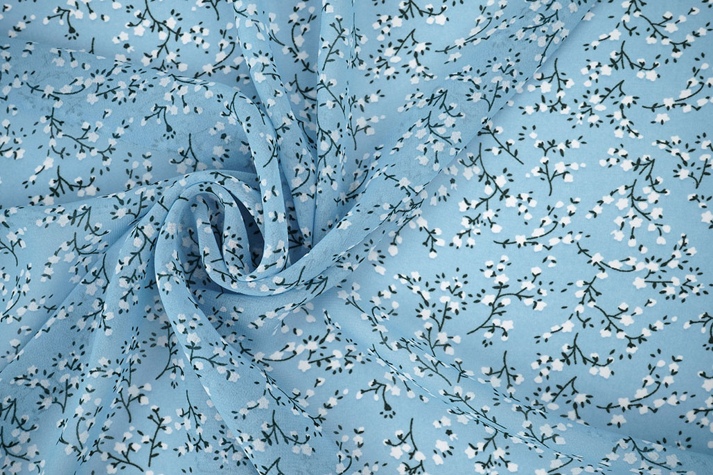 Chiffon Bedrukt Bloesem Tak Licht Blauw