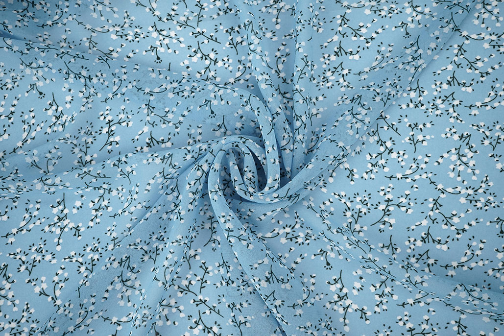 Chiffon Bedrukt Bloesem Tak Licht Blauw