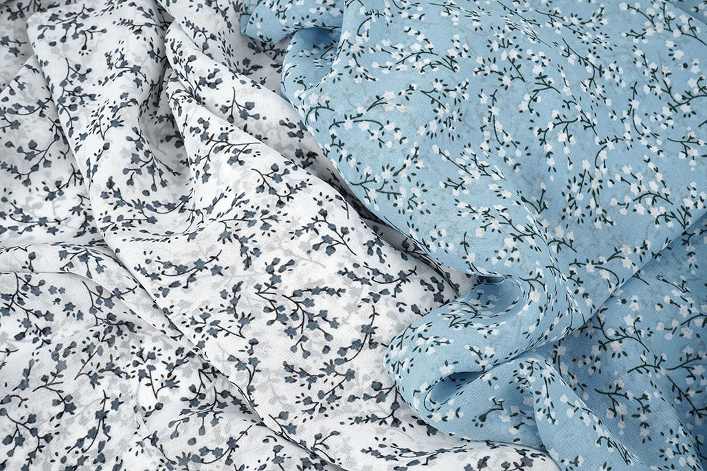 Chiffon Bedrukt Bloesem Tak Licht Blauw