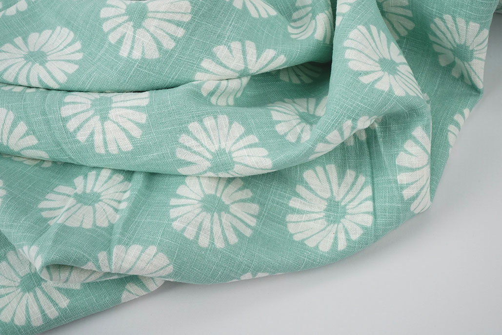 Washed Linen Flowers Mint Green