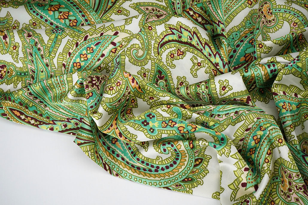 Stretch Satin Printed Paisley Green