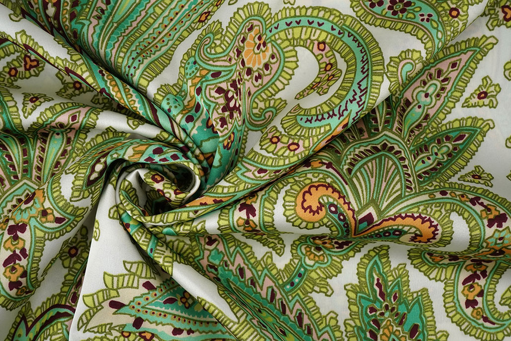 Stretch Satin Printed Paisley Green
