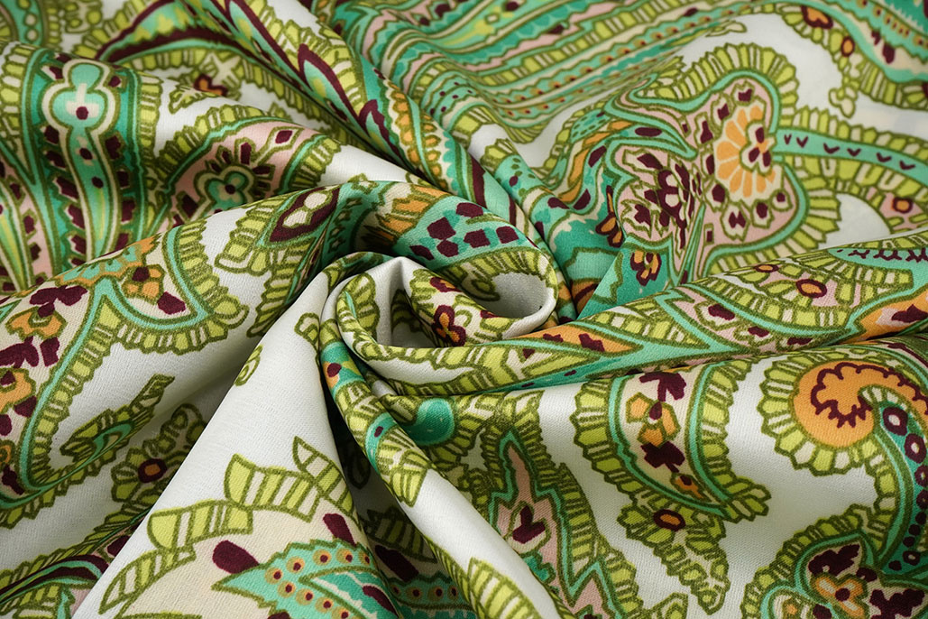 Stretch Satijn Bedrukt Paisley Groen