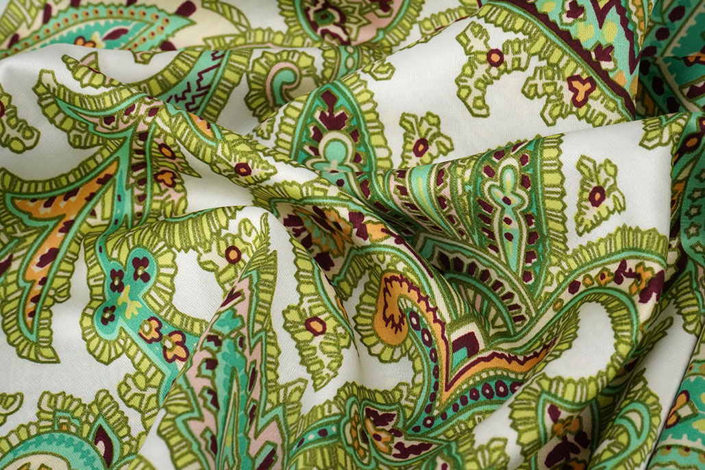 Stretch Satin Printed Paisley Green