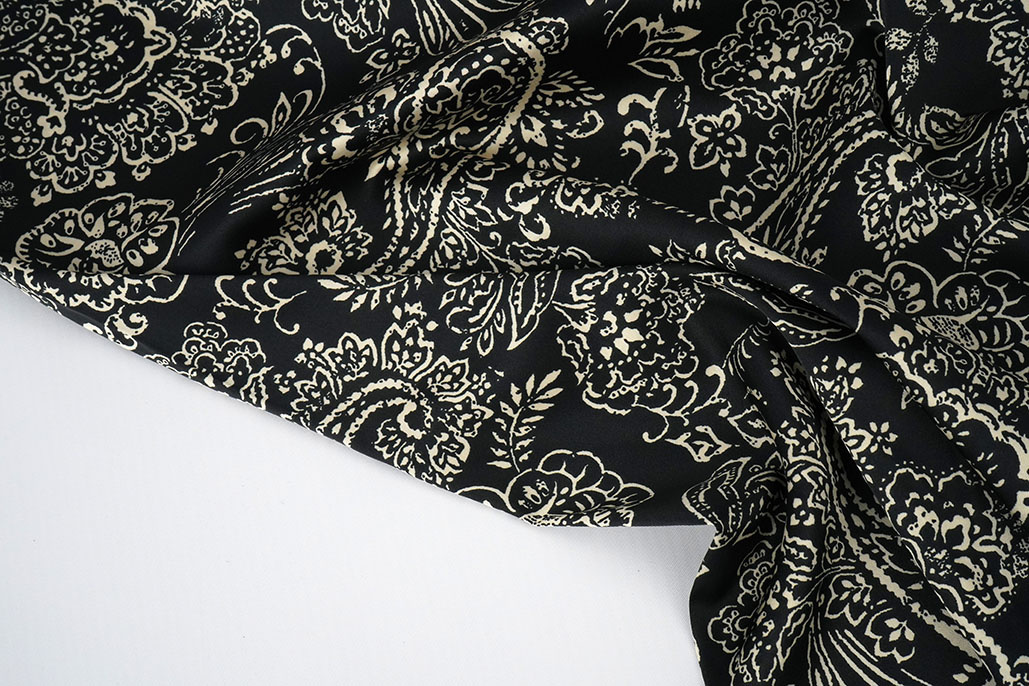 Stretch Satijn Bedrukt Paisley Zwart