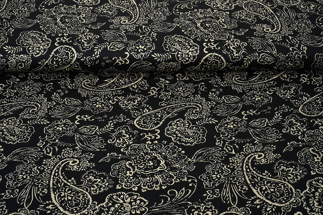 Stretch Satijn Bedrukt Paisley Zwart