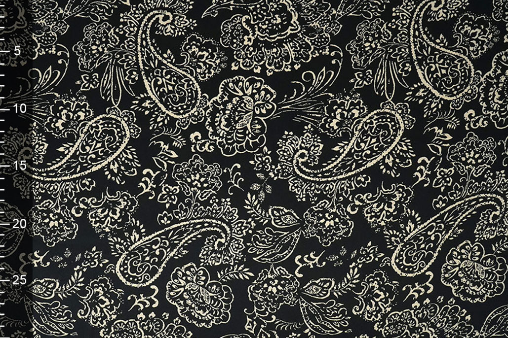 Stretch Satijn Bedrukt Paisley Zwart
