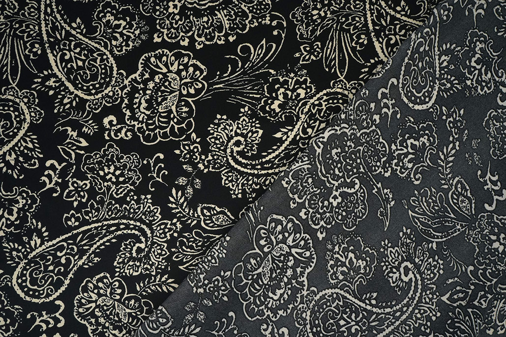 Stretch Satijn Bedrukt Paisley Zwart