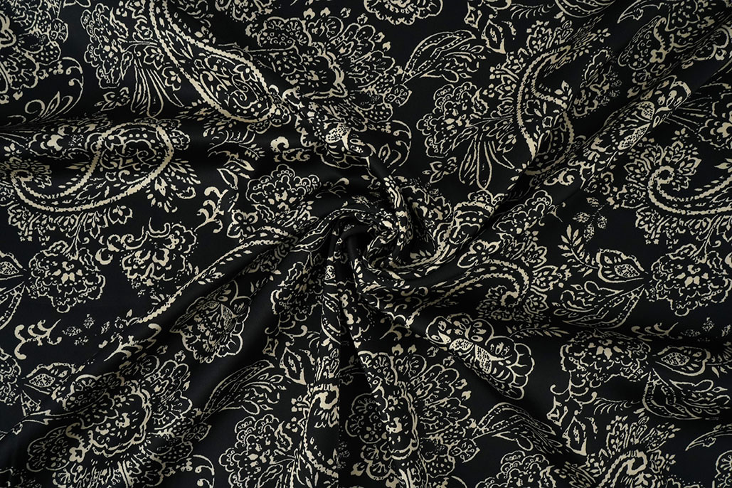 Stretch Satijn Bedrukt Paisley Zwart
