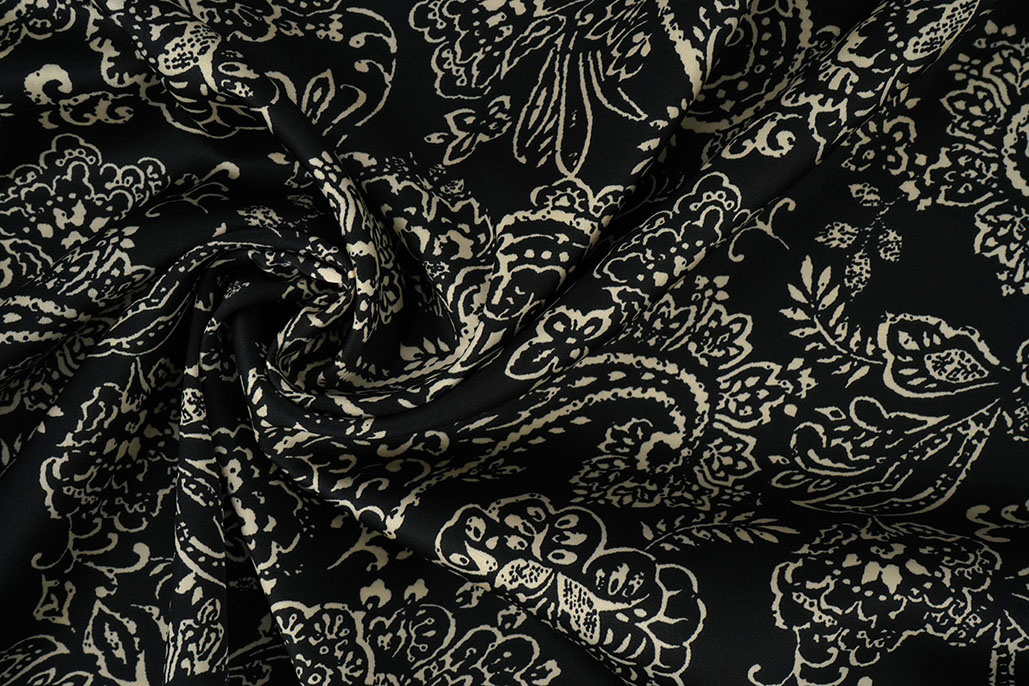 Stretch Satijn Bedrukt Paisley Zwart
