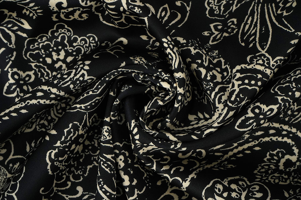 Stretch Satijn Bedrukt Paisley Zwart