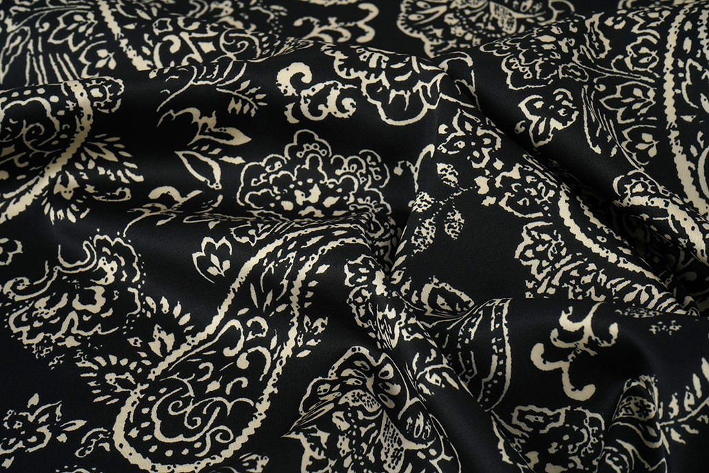 Stretch Satijn Bedrukt Paisley Zwart
