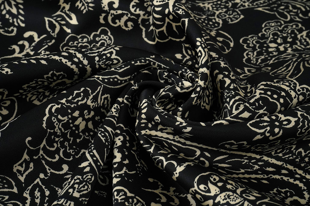 Stretch Satijn Bedrukt Paisley Zwart