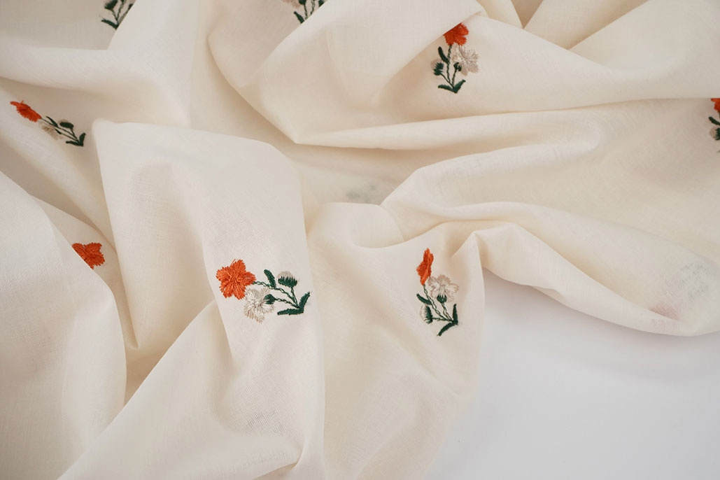 Katoen Geborduurd Bloem Fleur Naturel