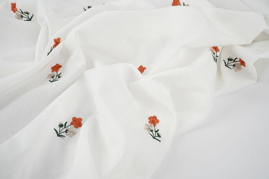 Katoen Geborduurd Bloem Fleur Creme