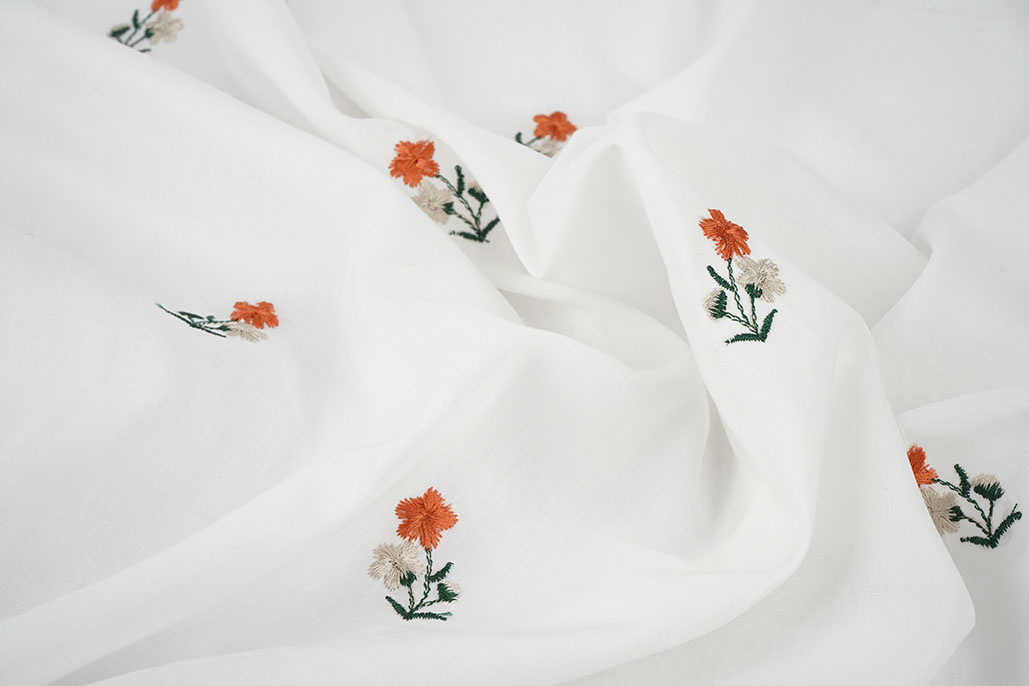 Katoen Geborduurd Bloem Fleur Creme
