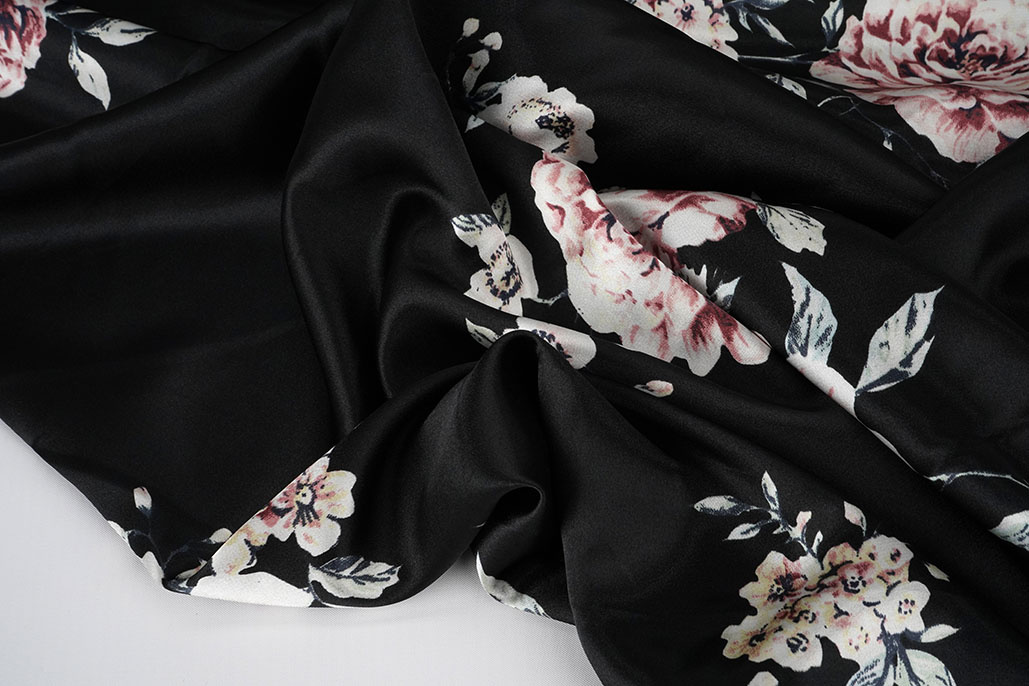 Stretch Satin Bedruckt Blumen Lena Schwarz
