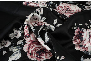 Stretch Satin Printed Flowers Lena Black