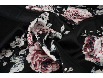 Stretch Satin Bedruckt Blumen Lena Schwarz