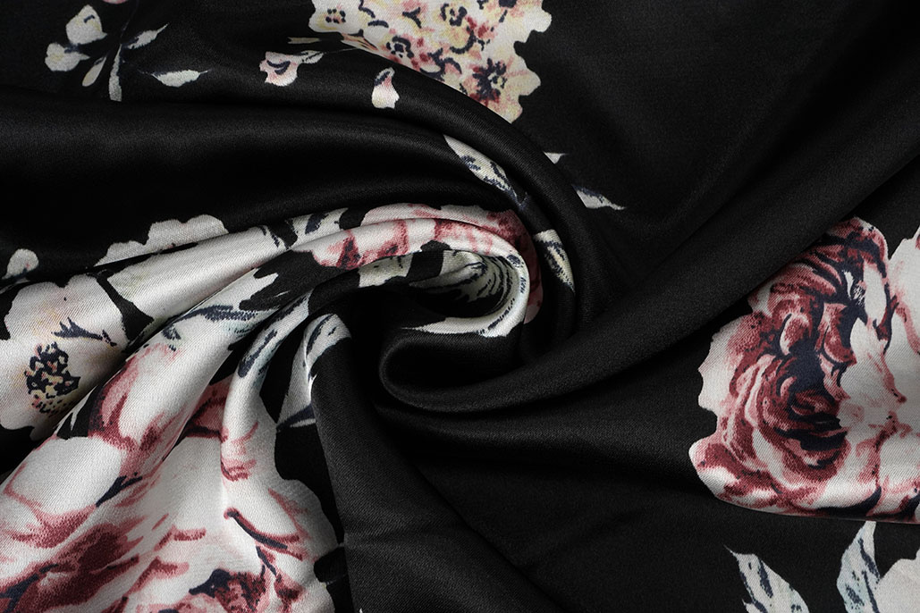 Stretch Satin Bedruckt Blumen Lena Schwarz