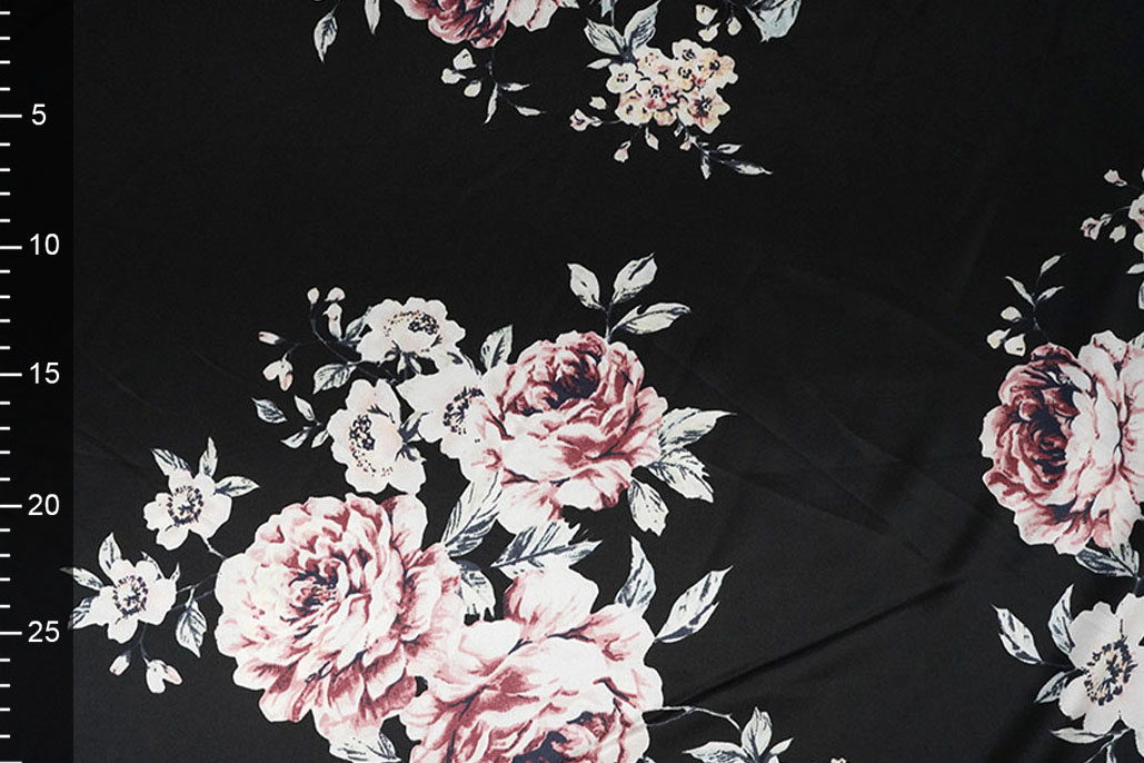 Stretch Satin Bedruckt Blumen Lena Schwarz