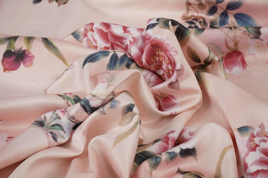 Stretch Satin Bedruckt Blumen Jasmijn Pfirsich